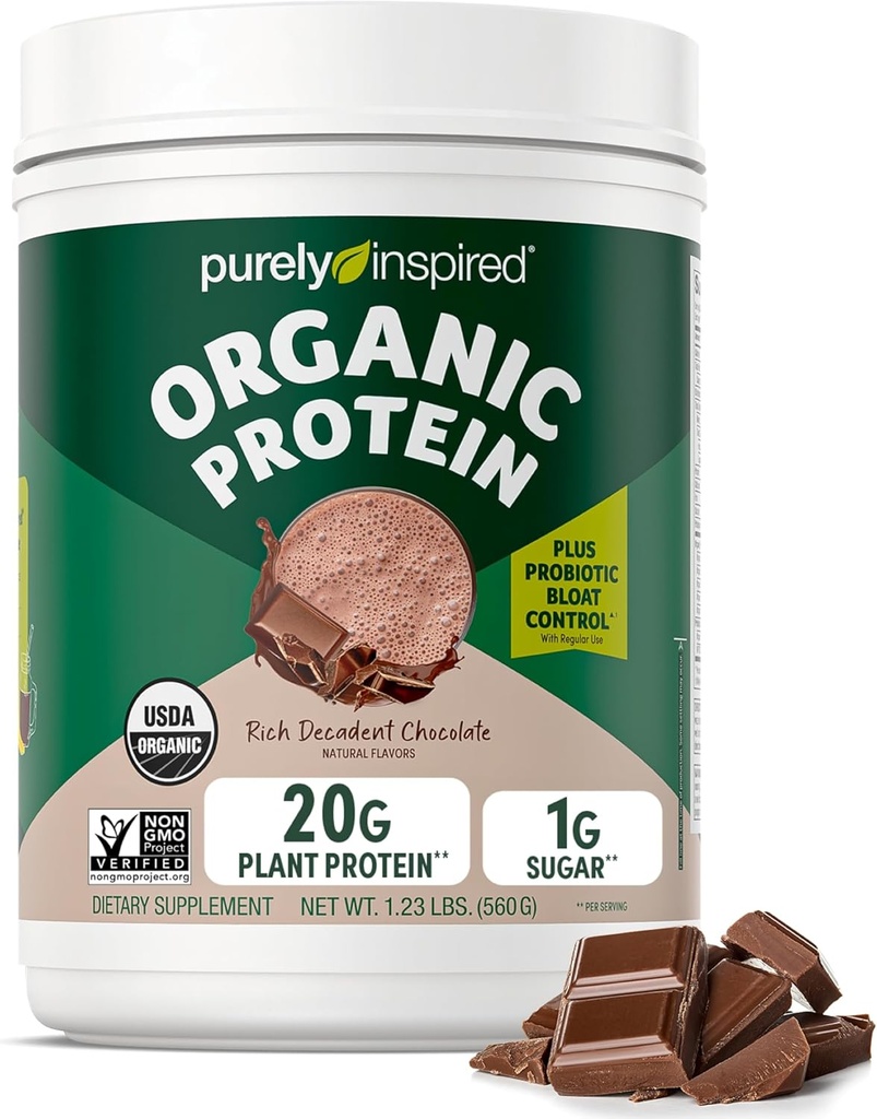 Purely Inspired Plant-Based Protein Powder for Men & Women, Rich Decadent Chocolate (16 Servings) - Vegan & Organic - 20g of Pea Protein Powder for Smoothies & Shakes - Dairy-Free, & Gluten-Free