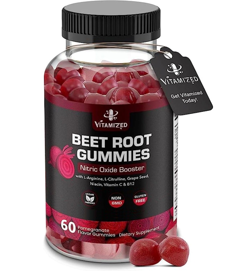 Sfeclă Root Gumries - Super Nitricoxid de sfeclă - Red Beetroot Heart Chews with Grape Seed Power & B12- Pomegranate Flavor, 60 Cheets