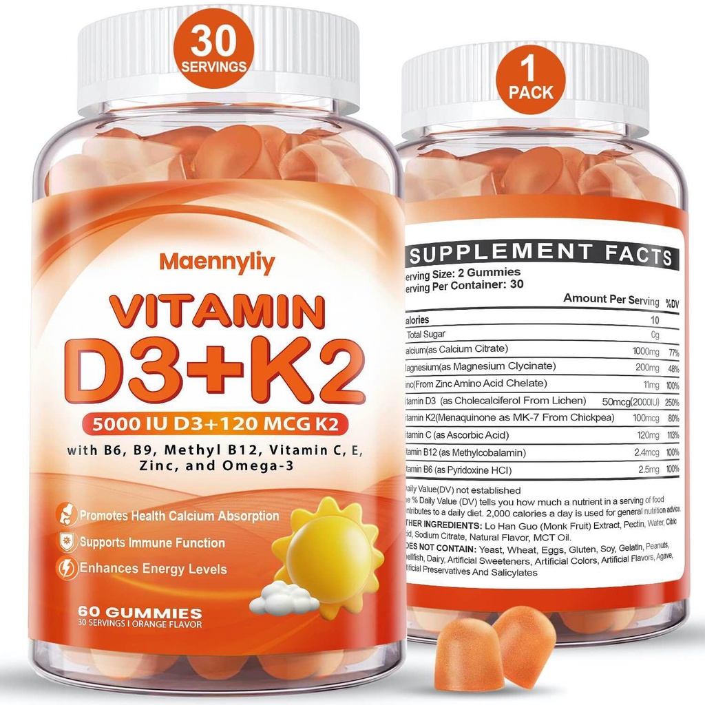 Vitamina D3 K2 Gumiile pentru adulți - Vitamina D3 5000UI + K2 (MK-7) 120mcg - Suplimente D3 fără zahăr și K2 cu Omega-3, metil B12, B9, B6, vitamine E & Zinc - pentru absorbția de calciu și sănătatea imună