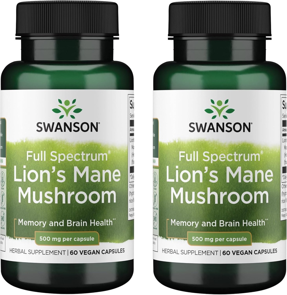 Swanson Full Spectrum Lion's Mane Mushroom - Brain Health Supplement to Support Memory, Focus & Clarity* - May Also Help Immune, Heart & Digestive Health - Gluten-Free & Non-GMO - 60 Capsule (2 Pack)