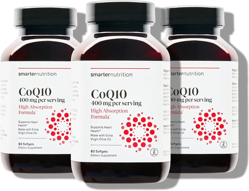 SMARTERNUTRITION CoQ10 400 mg Absorbție ridicată - Ubichinonă fermentată natural w/Organic ulei de măsline presat la rece - pentru sănătate cardiacă, energie celulară - non-GMO, gluten gratuit - 180 Conte[90-zi de aprovizionare]