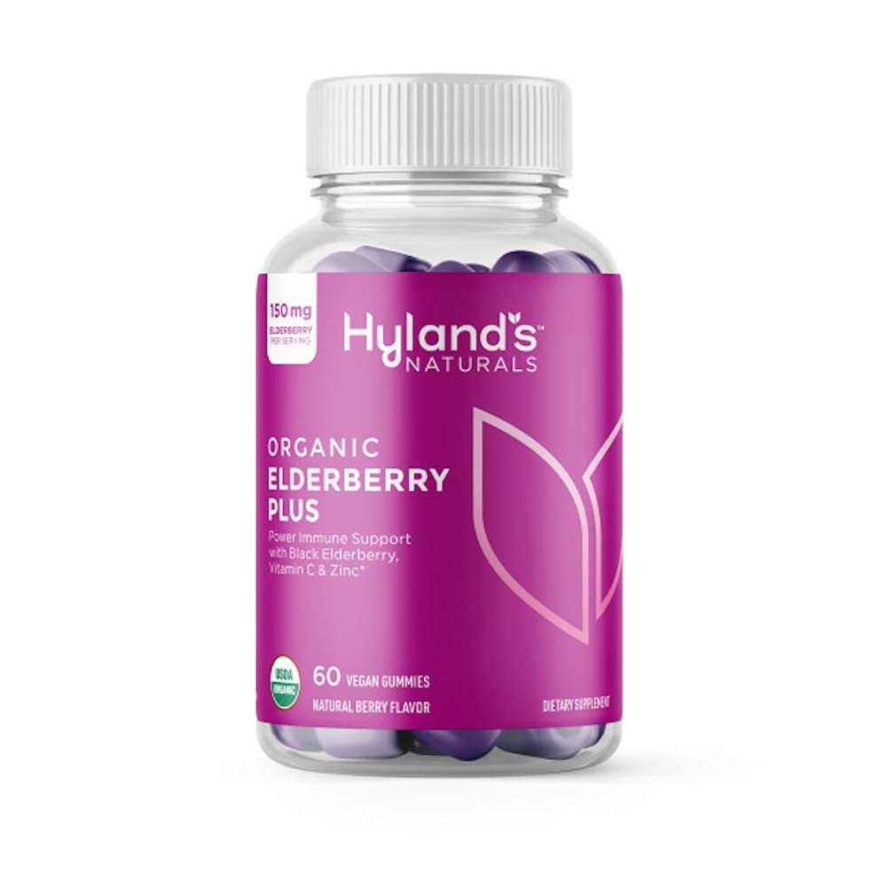 Hyland Elderberry organic Plus Gummies, Elderberry negru organic cu ZINC și vitamina C, Supplement de sprijin imun pentru adulți, 60 Vegan Gummies (30 zile)