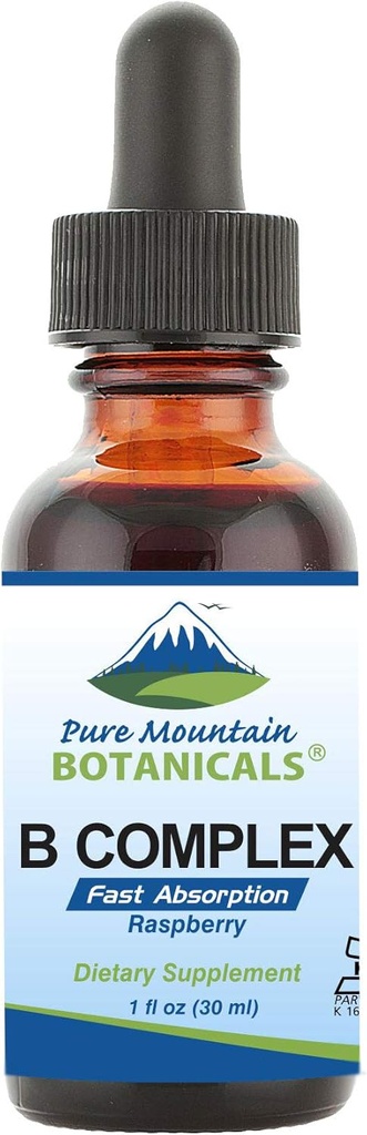 Pure Mountain Botanicals Lichid Vitamina B Complex - Raspberry Aroma B Complex Vitamina cu B12, B6, Tiamin, Biotin, Niacin - 1 oz Sticla