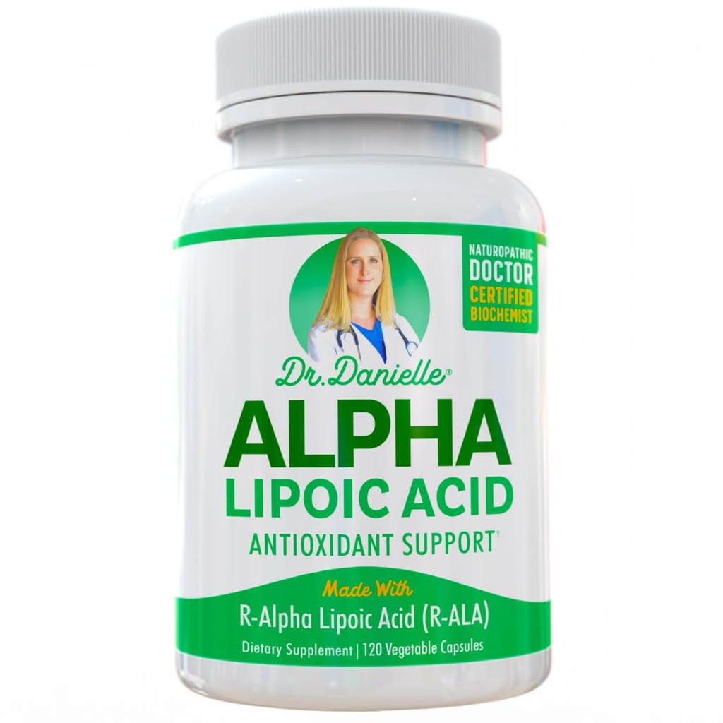 Acid alfa-lipoic de Dr. Danielle, Neuropatie Suport, Non-GMO, Gluten-Free, Vegan, Soy-Free, Promovează zahăr din sânge sănătos, Alpha R Acid lipoic R-ALA, R-ALA, 120 Veggie Caps