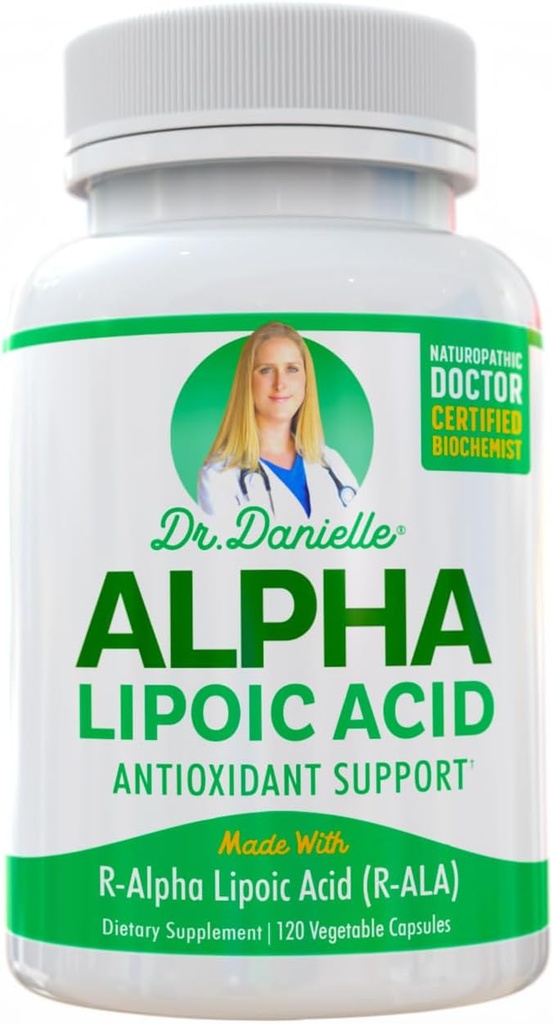 Acid alfa-lipoic de Dr. Danielle, Neuropatie Suport, Non-GMO, Gluten-Free, Vegan, Soy-Free, Promovează zahăr din sânge sănătos, Alpha R Acid lipoic R-ALA, R-ALA, 120 Veggie Caps