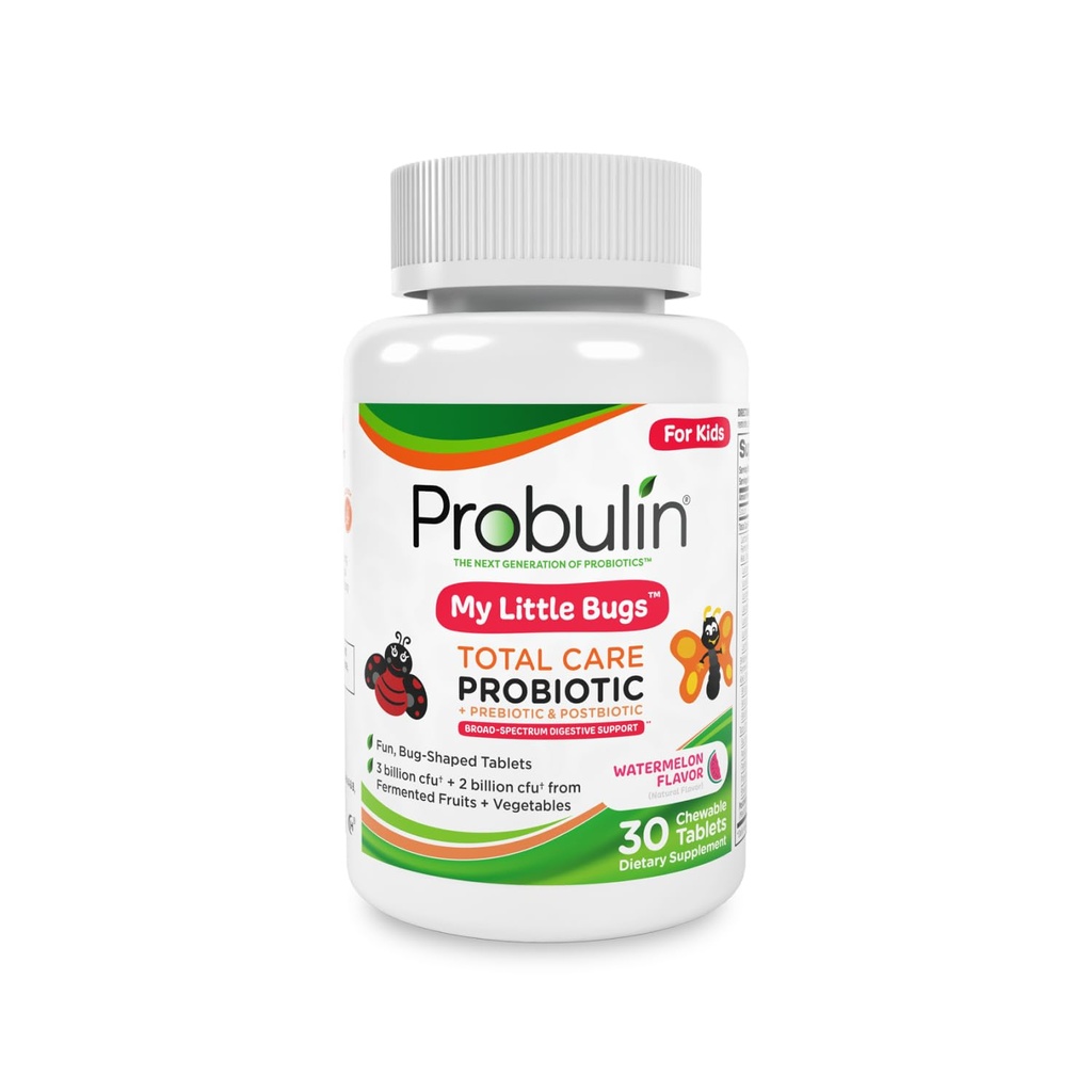 Probulin Total de îngrijire Copii Probiotice Tablete masticabile, My Little Bugs Prebiotice, Probiotice, și postbiotice Mesteca Suplimente, 5 Miliarde CFU, 15 Strains, 30 Conte Sticla