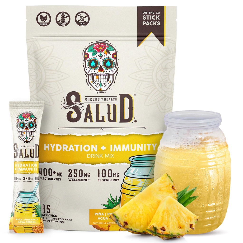 Salud 2-in-1 Hidratare Pachete + Imunitate Electroliti Pulbere, Ananas - Agua Fresca Drink Mix, Elderberry, Dairy & Soy Free, Non-GMO, Gluten Free, Vegan, Calorie scăzut, 1g Sugar (15 Serviri)