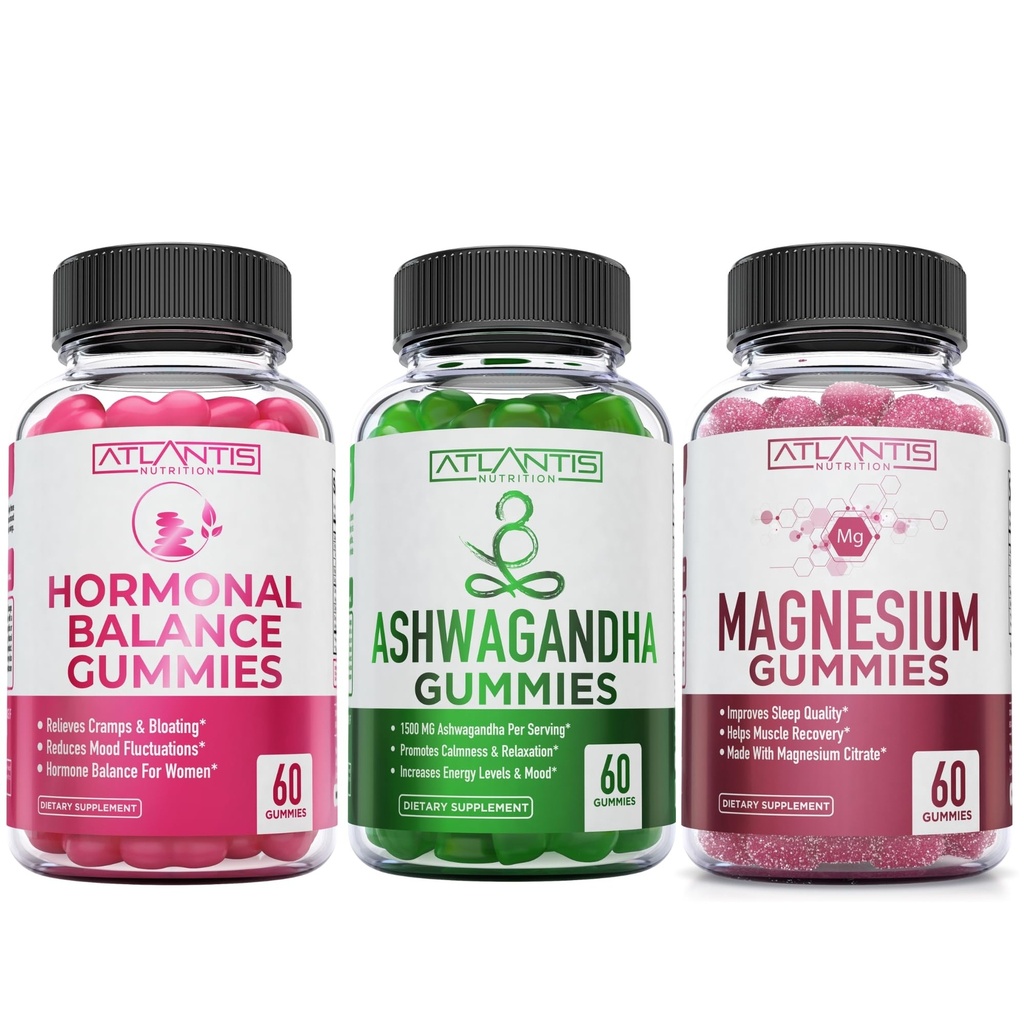 Atlantis Nutriție Echilibru hormonal pentru femei și gume PMS + Gume Ashwagandha + Gume de magneziu