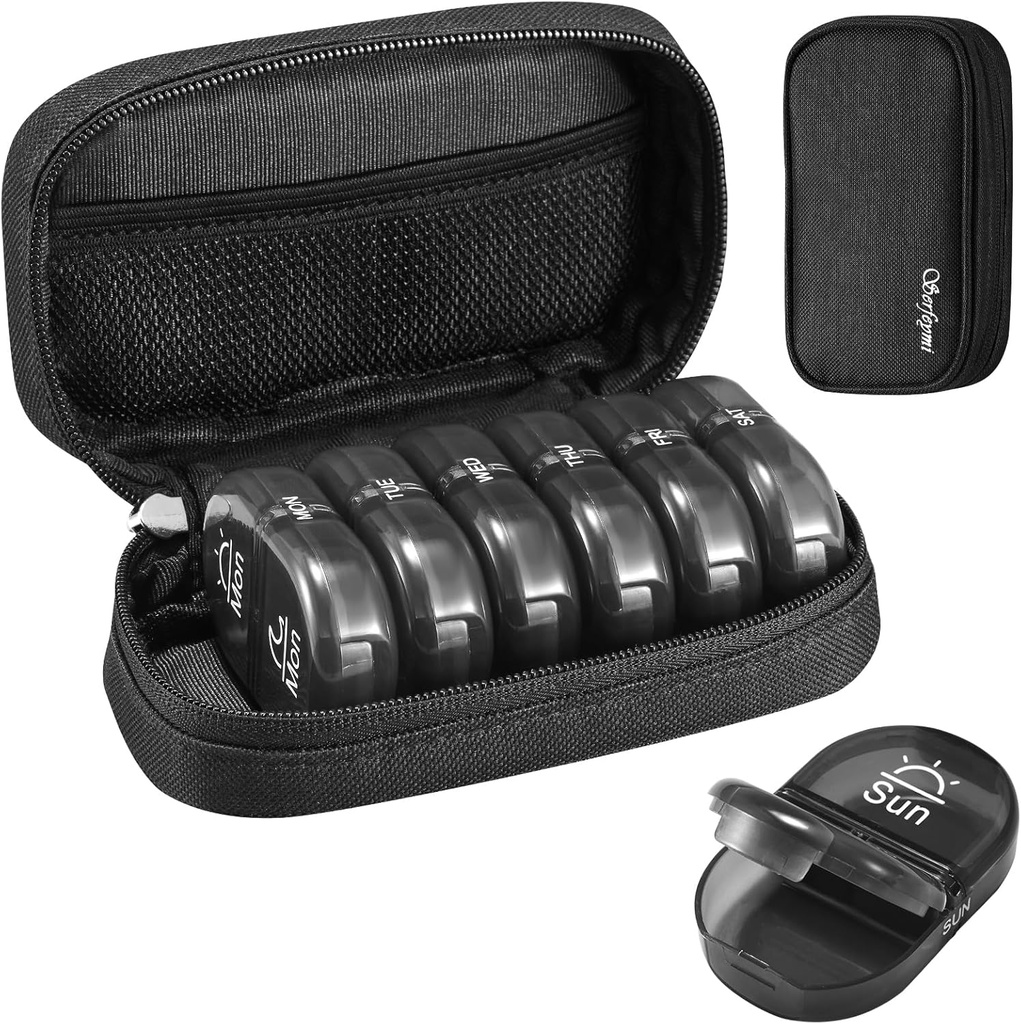 Serfeymi Weekly Travel Pill Organizator 2 Times A Day AM PM Upgraded Black Pill Box 7 Ziua cu Portable Zipper Canvas Pill Case, Medicina Organizator pentru pastile, vitamine, suplimente, ulei de pește - negru 01