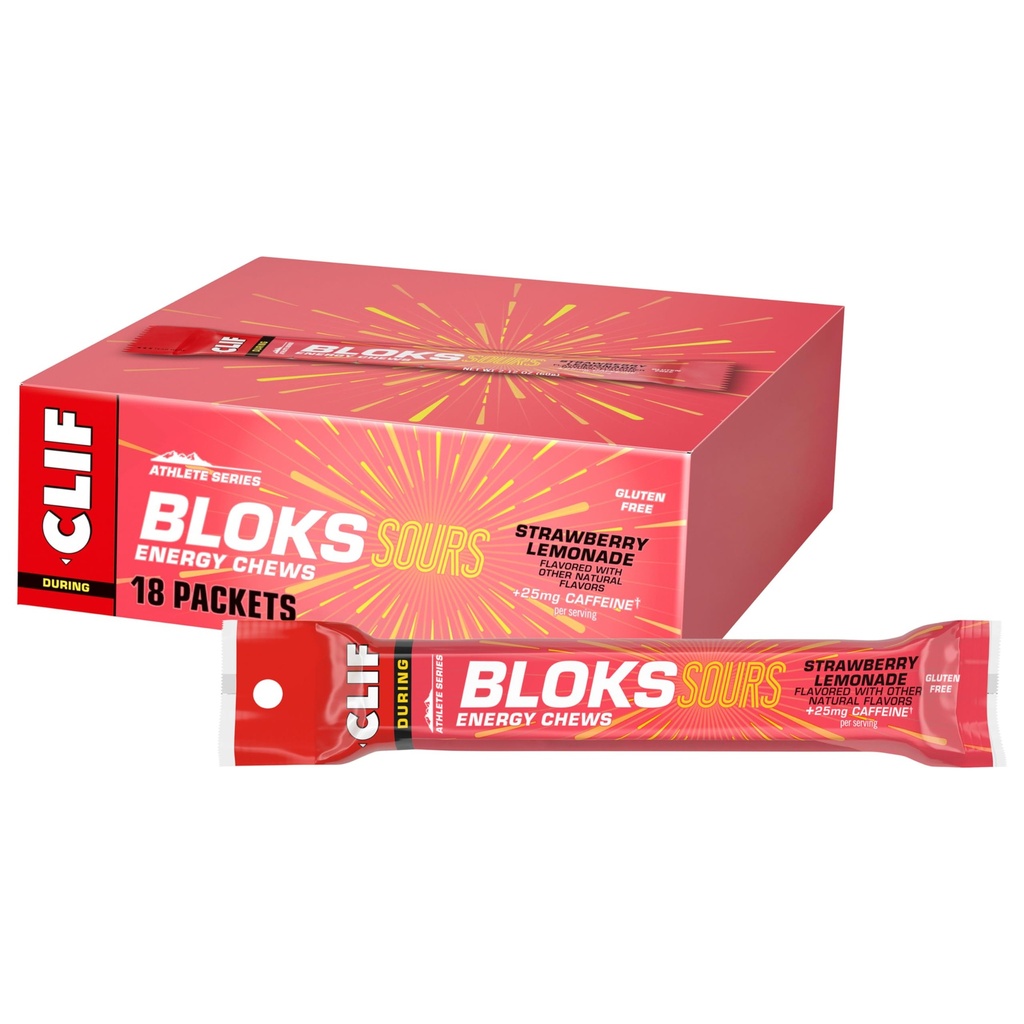 Clif Bloks Sours - Aroma de lemonade de căpșuni cu cafeină - Chews energie - Non-GMO - Bazat pe plante - Combustibil rapid pentru ciclism și rulare - Carbohidrați rapidi și electroliți - 2.12 oz. (18 Conte)