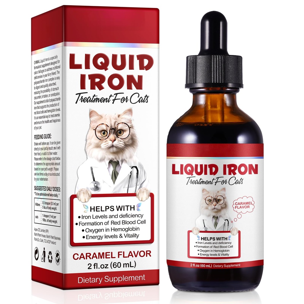 Fier lichid pentru pisici, picaturi de fier lichid pentru pisici suporta anemie, nivele joase de enerie si pisici letargie- Imbunatatirea nivelului de energie si vitalitate, Consumabile de animale de companie Cat Vitamina Supliment, Aroma caramel - 2 fl.oz