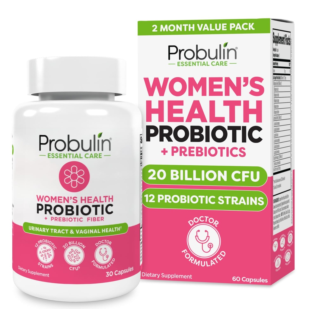 Probulin Womens Probiotic - Vaginal, UT, Gut & Immune Health with Lactobacillus Reuteri - 20 Miliarde CFU, 12 Probiotice Strais & Prebiotice - 60 Vegan, Gluten Free Capsule pentru Wellness Whole-Body