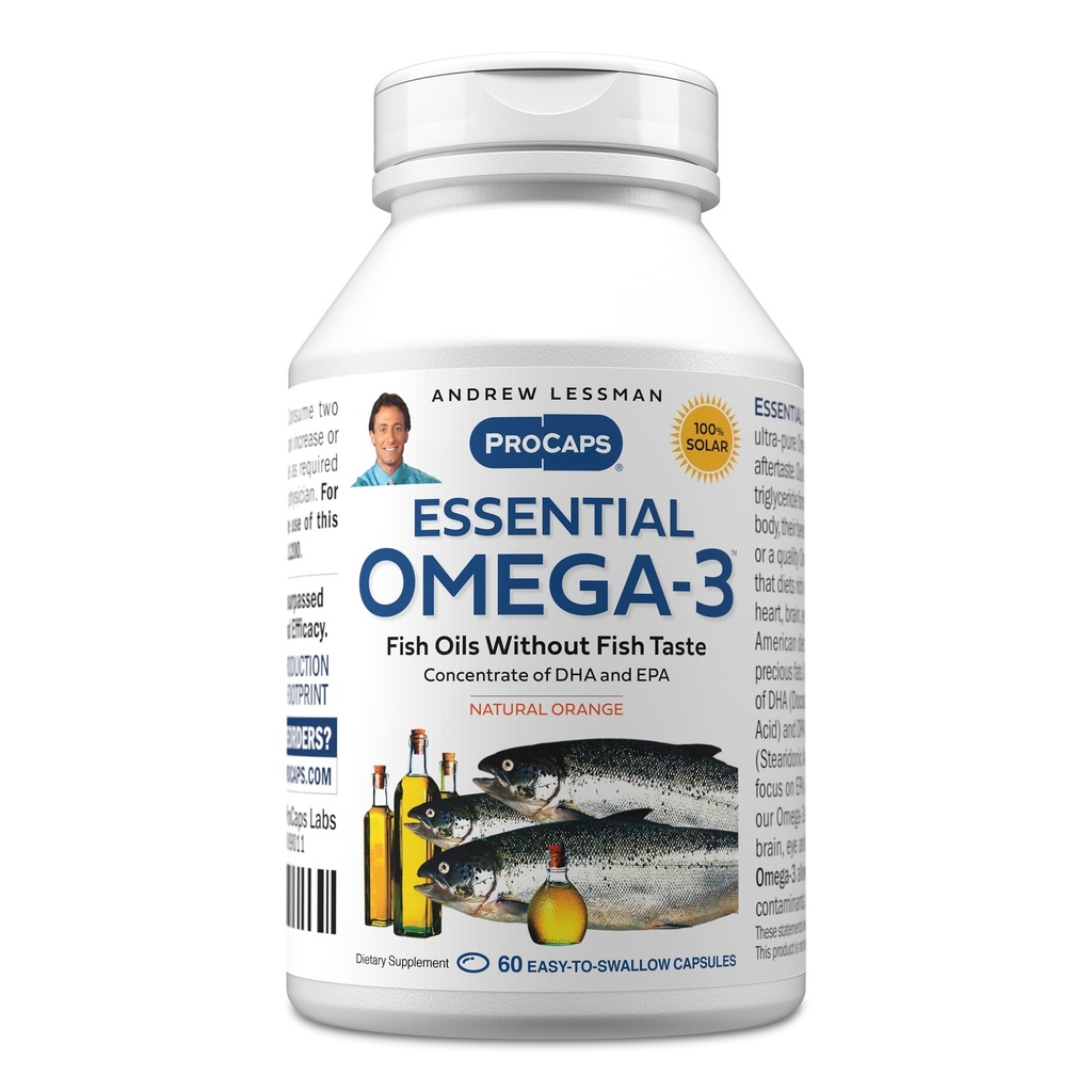 ANDREW LESSMAN Essential Omega-3 Orange - 60 Softgels - Ultra-Pure, ulei Omega-3 de mare potenta. High DHA, fără probleme cu stomacul, fără contaminări, fără mercur. Small Easy to Swallow Softgels