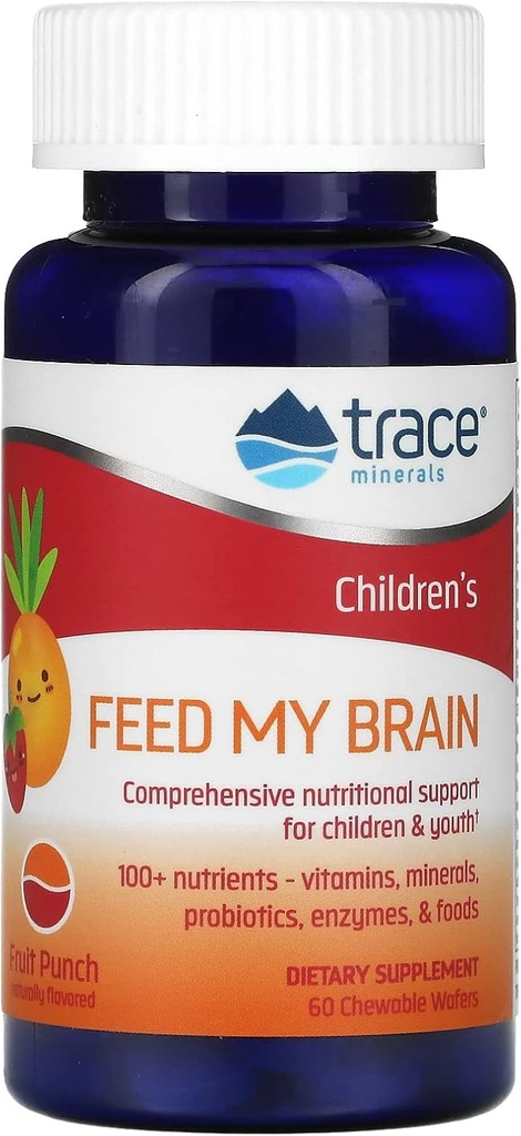Trace Minerale pentru copii Hrana pentru copii Creierul meu - supliment de suport pentru creier pentru copii - Multivitamine pentru sprijin focal cu enzime, vitamine si minerale - aroma punch de fructe, 60 Vafe masticabile (30 Servings)