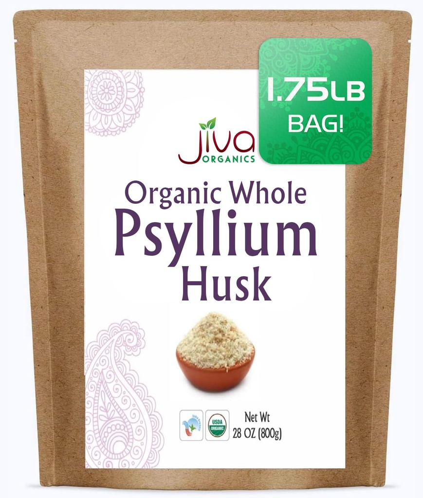 Jiva Organics Whole Psyllium Husk (Isabgol) 1.75 LB (28 Oz) Jumbo Bag - Non-GMO, Nearomat - Keto Friendly, Soluble Fiber