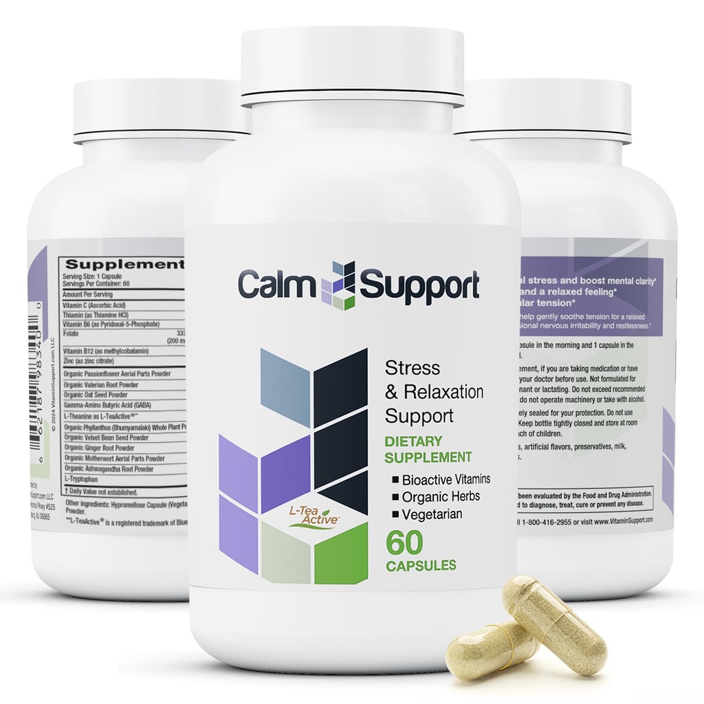 CalmSuport: Stres & Relaxare Suport - Ashwagandha, Floare de Pasiune, Root Valerian, Ginger, GABA, Velvet Bean, Motherwort, Seminte de Oat, Phyllanthus, L-Theanin, L-Tryptofan, Folate, C,B1,B6,B12,Zinc