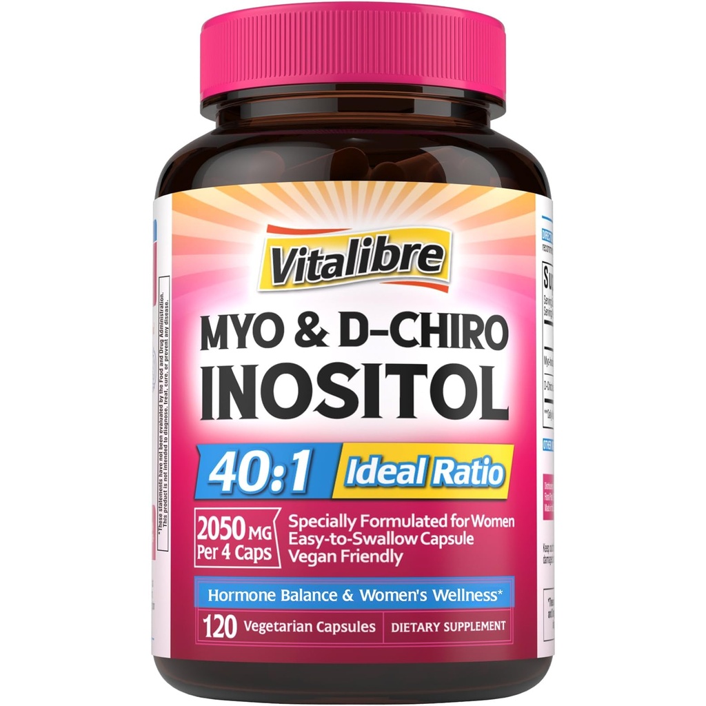 Inozitol Supliment, Myo-Inositol & D-Chiro Inositol Suplimente de Fertilitate pentru Femei, 40:1 Raport Ideal, Echilibru hormonal şi Suport ovarian, 120 Capsule Vegane