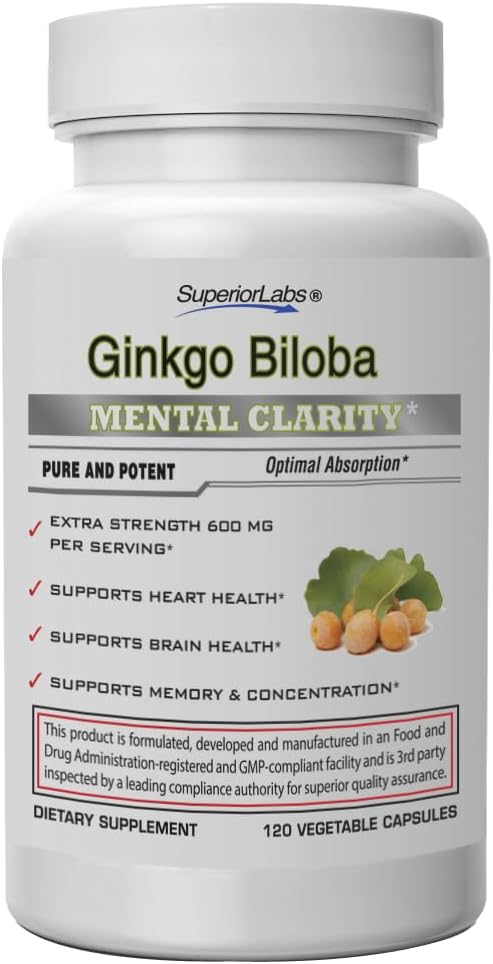 SuperiorLabs Ginkgo Biloba 1200 mg, Non-GMO, Black Pepper pentru absorbţie crescută, Ginkgo Extract, Îmbunătăţeşte memorie şi concentrare, Circulaţie Booster, Antioxidant Nootropic natural, 120 Veg Caps