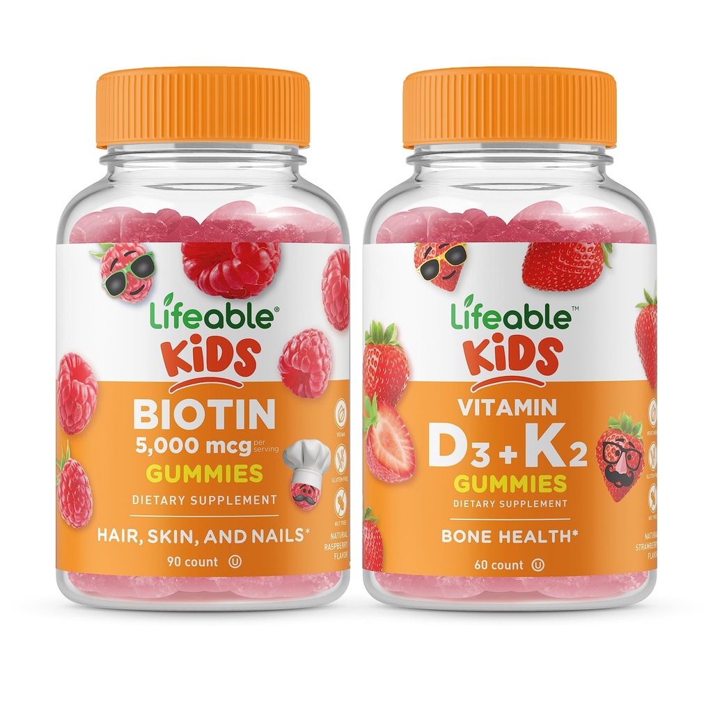 Biotina de viață pentru copii + vitamina D3 + vitamina K2 pentru copii, gume Bundle - mare degustare, Supliment de vitamine, gluten gratuit, OMG-uri gratuit, guma de mestecat