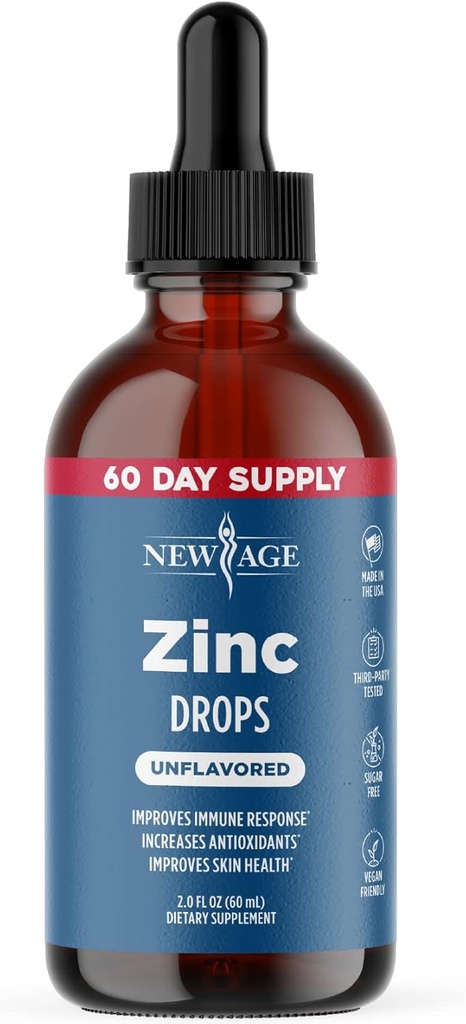 Picături lichide cu zinc ionice - supliment de zinc cu potenţial imunitar ridicat, apărare imună, antioxidant natural puternic, non-GMO - de New Age (Lichid 2 OZ), pachet de 1