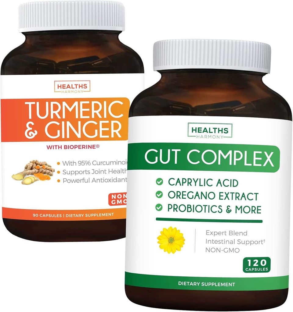 Salvaţi $11 (23% off) - Gut Echilibru Bundle - Complex Gut cu acid caprilic pentru Balanced Gut Health & Probiotic Support (120 capsule) & Turmeric & Ginger cu 95% Curcuminoide & Bioperine (90 capsule)