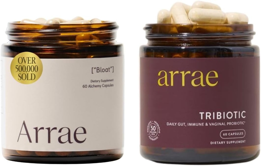 Arrae Bloat + Tribiotic Bundle, Blaating Relief Enzime digestive, gaz și indigestie Relief, Probiotice pentru femei, Sprijin pentru pH-ul vaginal echilibru, Imun, și Sănătate Feminină, 60 capsule fiecare