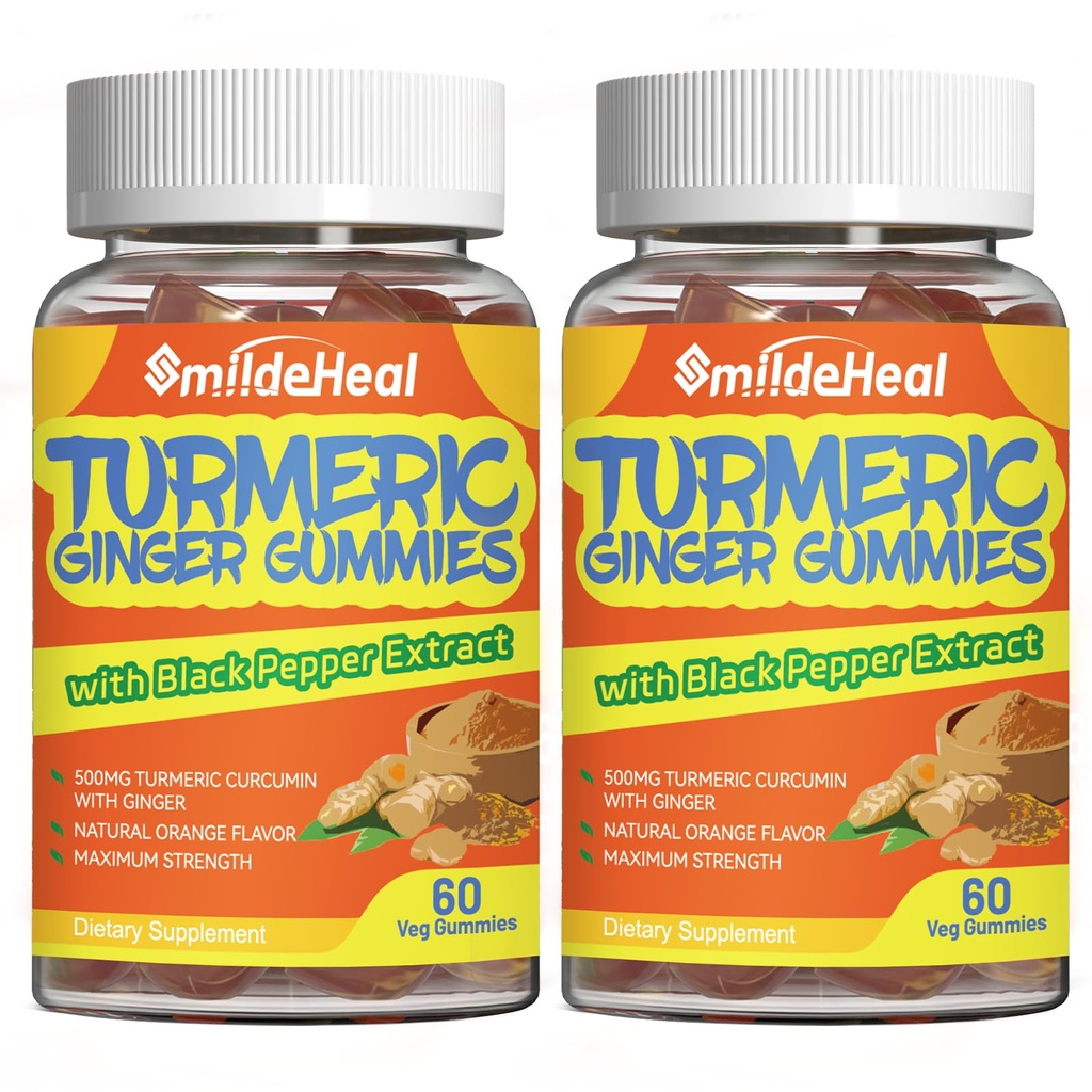 Curcumină curcumică Gummies 500mg, cu extract de rădăcină turmerică, rădăcină de ghimbir, extract de piper negru, suport antioxidant, Gummie de aromă portocalie, 60 Conte (Pachet de 2)