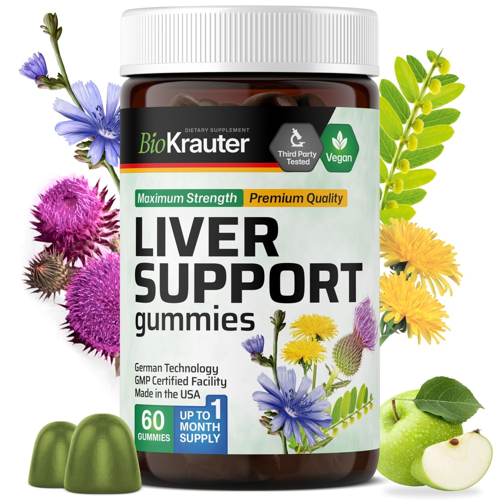 BIO KRAUTTER supliment de ficat Gummies - 60 Vegan Chews w/Milk Thistle, Dandelion Root for Liver Cleanse & Detoxifiere - 80% Silymarin