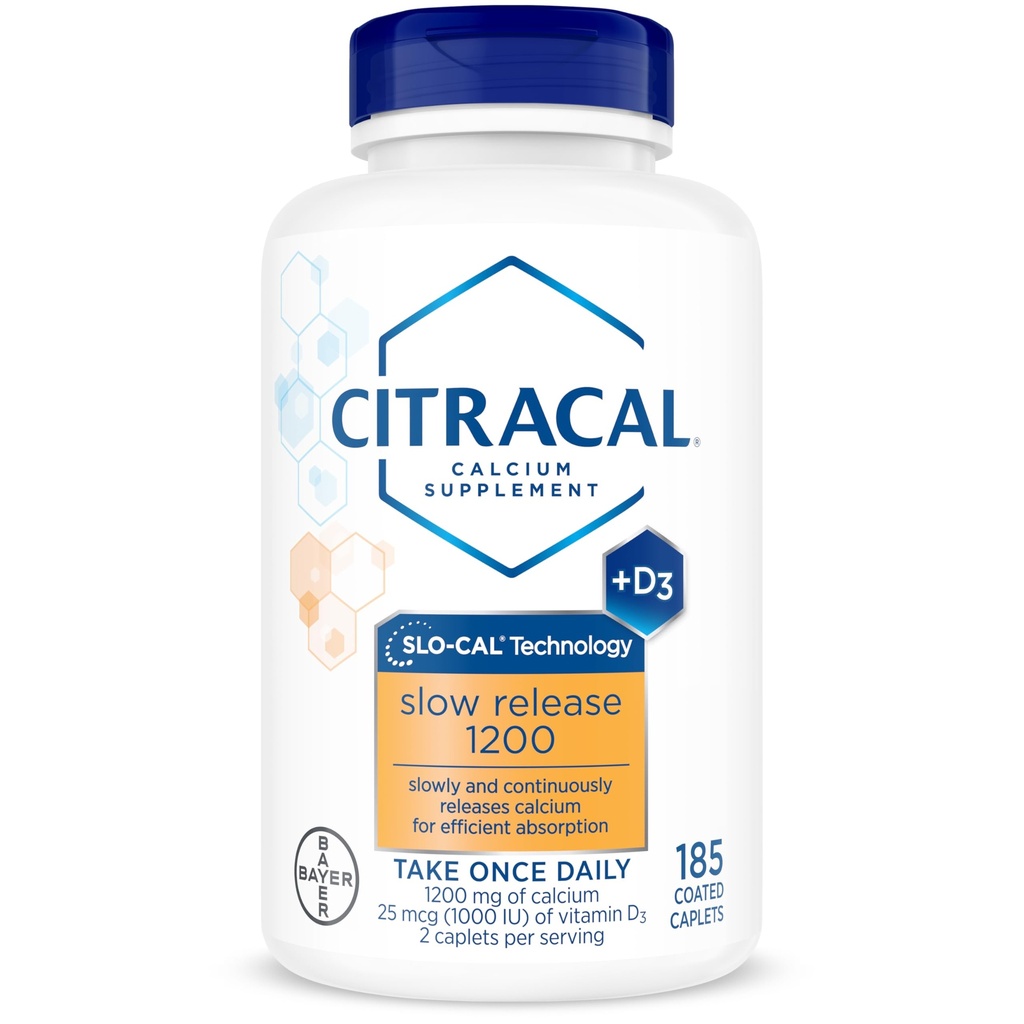 Citracal Slow Release- Calciu 1200 mg cu vitamina D3, Magneziu, Supliment de calciu, Bone Health Support, Take Once Daily Caplet, 185 Count