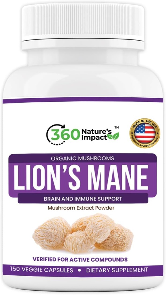 360 Natura Lions Impact Mane capsule supliment ciuperci (150 capsule) pentru Brain Health Supplement, Supliment organic cu Beta-Glucans & Hipromeloză pentru sistemul cognitiv