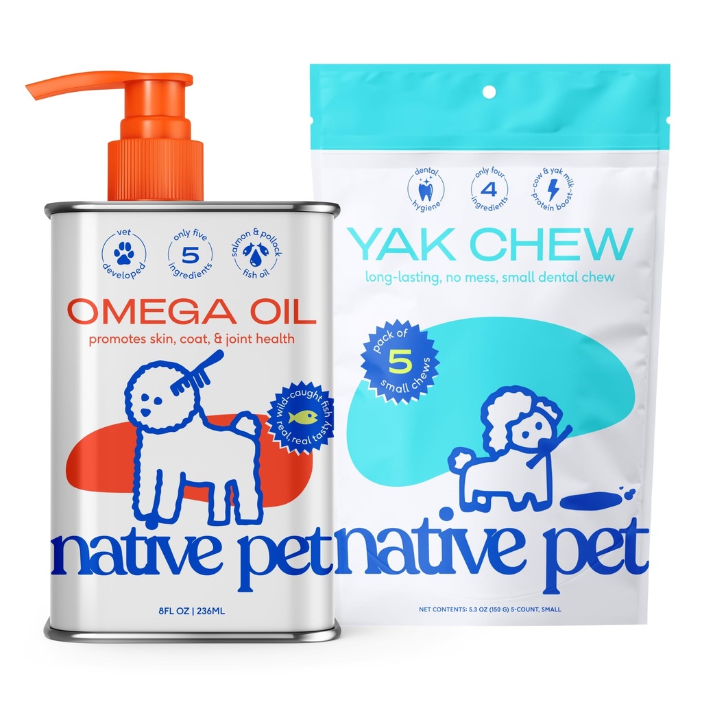 Native Pet Omega Ulei pentru câini - Suplimente de ulei de pește 8 Oz și 5 Chews Yak mici pentru câini 