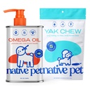 Native Pet Omega Ulei pentru câini - Suplimente de ulei de pește 8 Oz și 5 Chews Yak mici pentru câini 