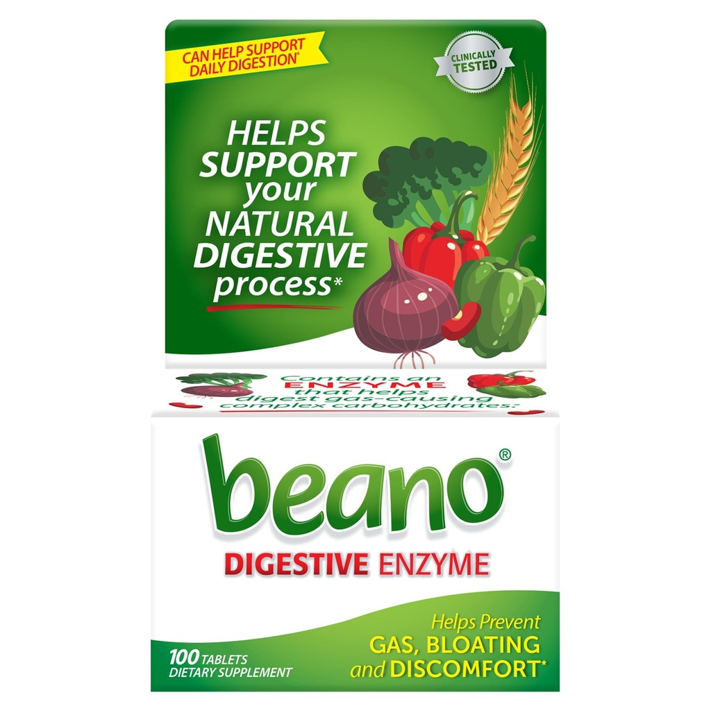 Beano Digestive Enzim, Preventive Gas Relief pentru Adulți, ajută la prevenirea gazelor și a balonării, 100 comprimate