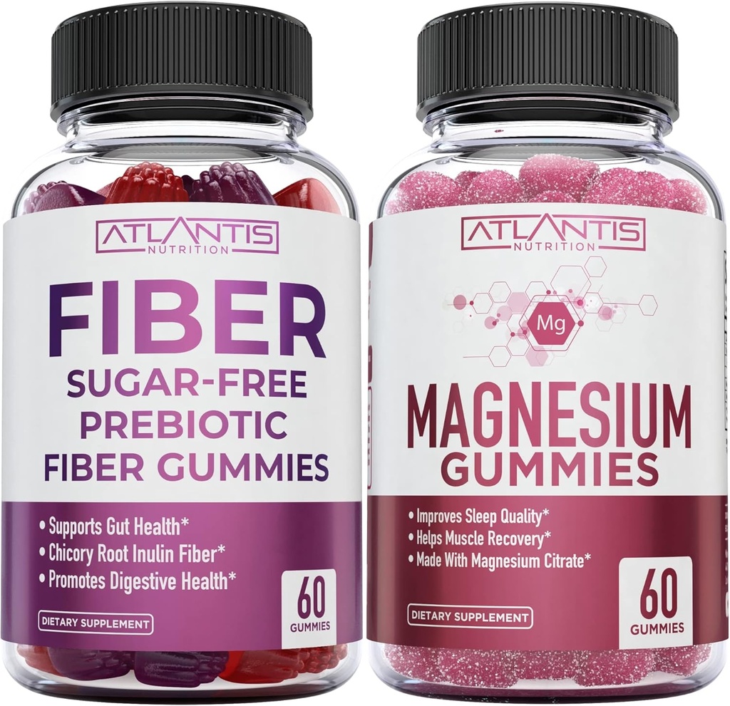 Atlantis Nutriţie Zahăr Prebiotic Gratuit Gume de fibre pentru adulţi 2-Pachet (120 Gume) + Gume de magneziu - 770 MG Citrat de magneziu 60 Gume