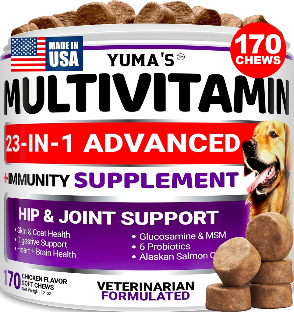 Câine Multivitamine Chewable cu Glucosamină - Vitamine și suplimente de câine - 170 Tratamente - Senior & catelus Multivitamine pentru câini - Hip & Suport comun - Sănătate imună, Piele, Inimă, Digestie, Probiotice