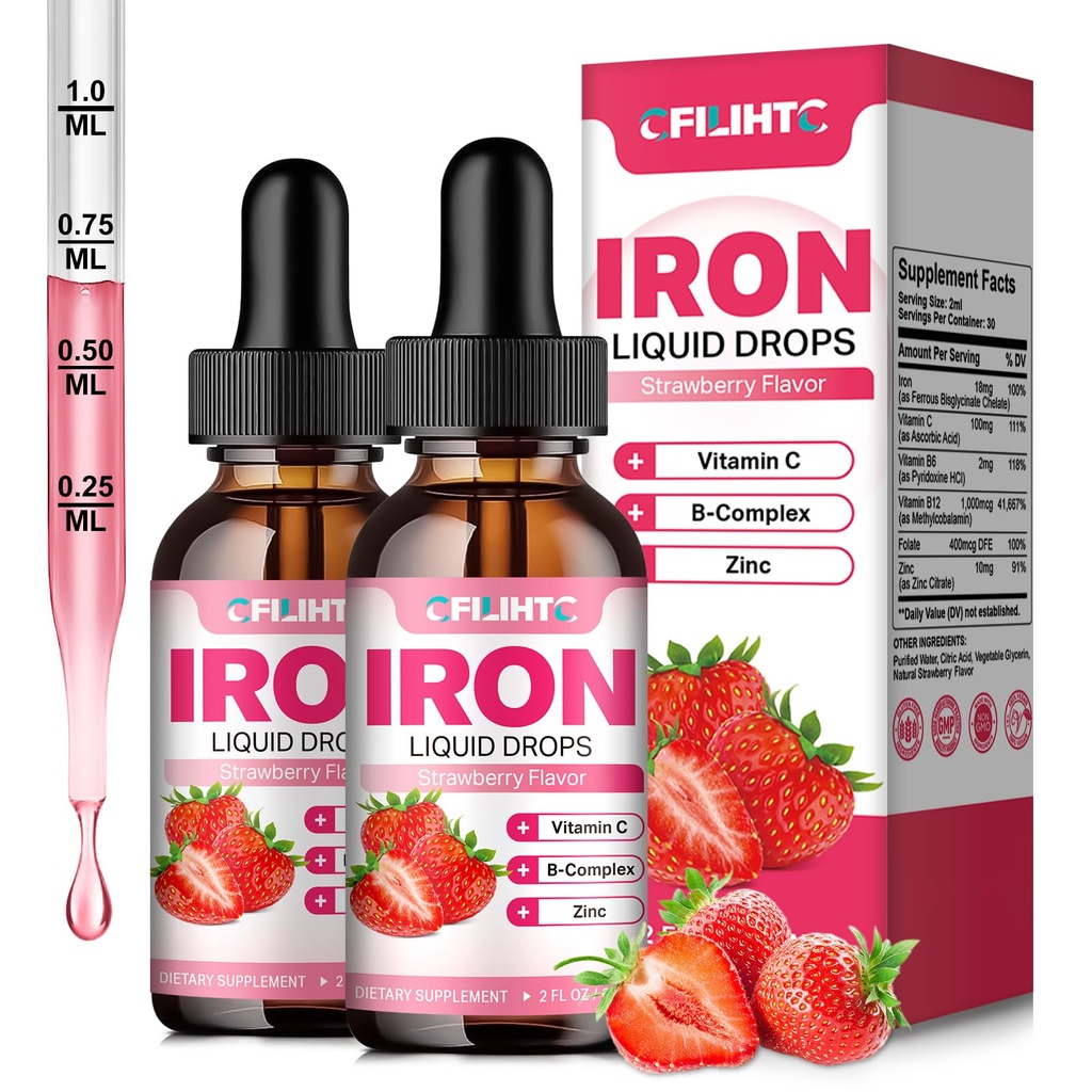 Supliment de fier lichid pentru femei Bărbaţi şi copii Multivitamine Picături de fier cu Folat, Vitamina C, B6, B12, Zinc pentru anemie, Deficit de fier, Blood Builder, Energie - Aroma naturala de capsuni, Vegan 4 Fl Oz