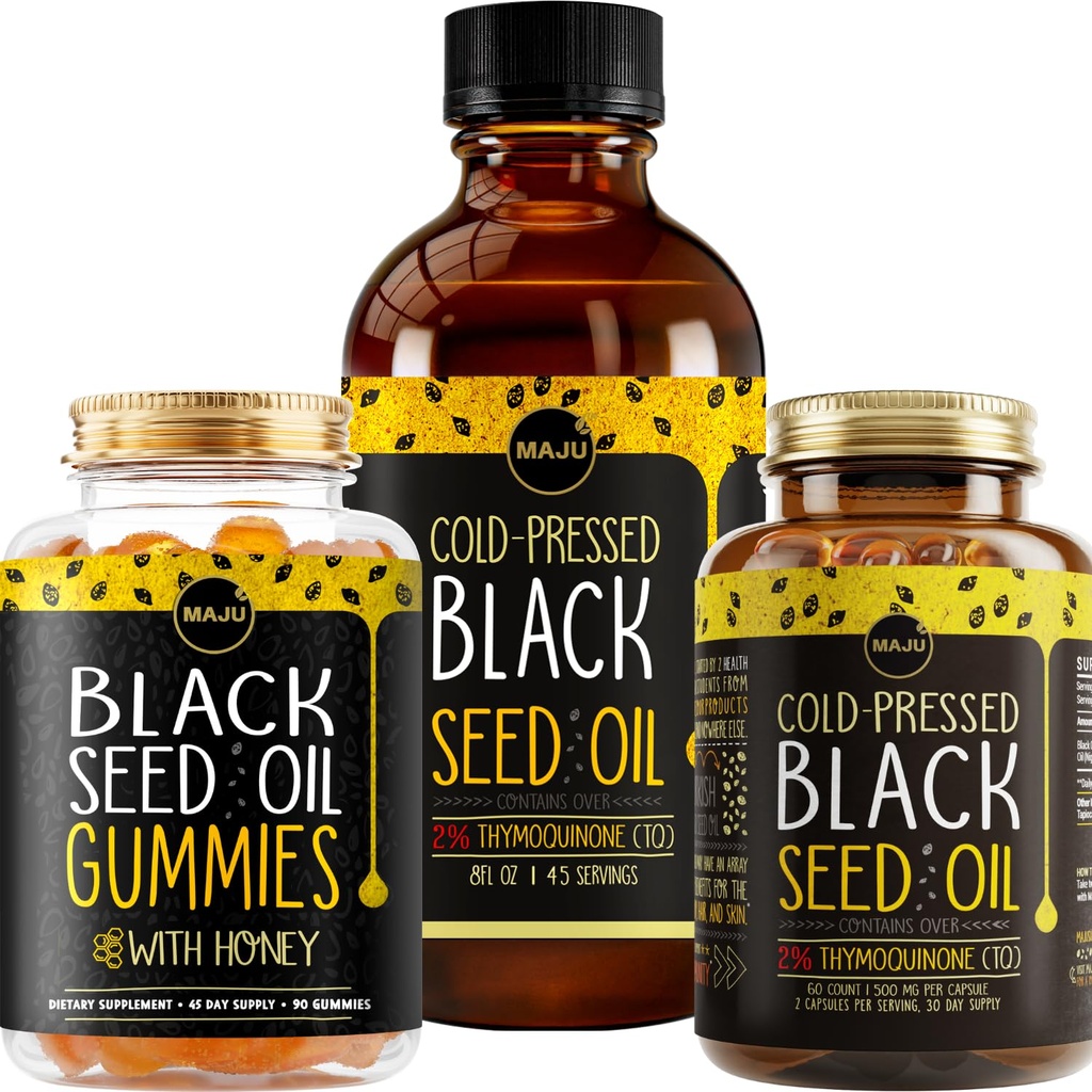 Maju Superfoods Black Seed Oil 3-in-1 Bundle, Gummies, Capsule, & lichid