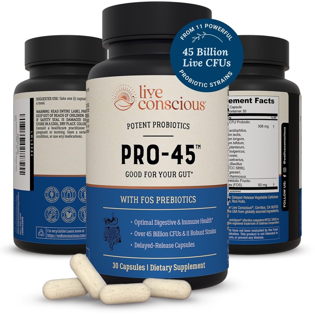 Probiotice vii conştiente PRO45 pentru femei şi bărbaţi: Formula cuprinzătoare, 45 Miliarde CFU, 11 Strains, lactate gratuit - w/Prebiotice şi probiotice - Promovează Immune & Gut Health - 30 Veggie Caps