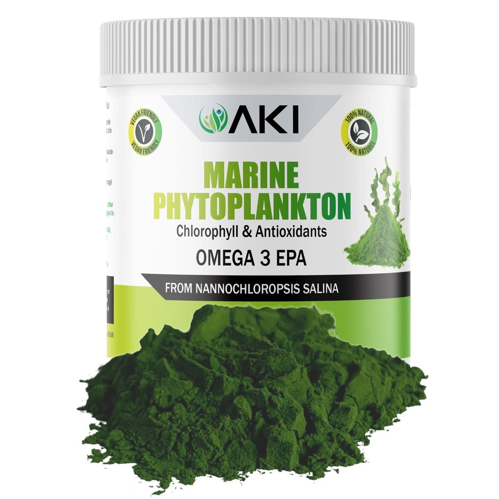 AKI Marine Powder Fitoplancton - Sursa de Omega-3 Raw EPA Micro Algae Nannocloropsis - Proteine pe bază de plante, Vitamine pentru wellness generală - Sursa completă de proteine, Vegan & OMG gratuit (2oz/57g)
