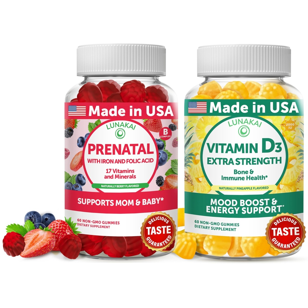 Lunakai Prenatal şi vitamina D3 Gumies Bundle - Sarcina Multivitamine Gummy cu fier şi acid folic - Imunitate, Bone şi Mood Supplement de sprijin pentru adulţi - 30 zile de aprovizionare