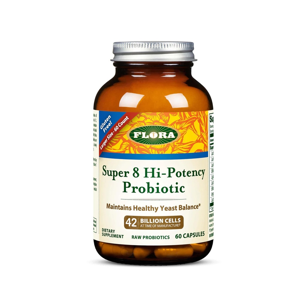 Flora - Super 8 Probiotic Hi-Potență - Probiotic zilnic pentru sănătate gutoasă și digestivă - 42 Miliarde CFU - Conține Lactobacillus & Bifidobactery Strains - Păstrați răcit - 60 capsule