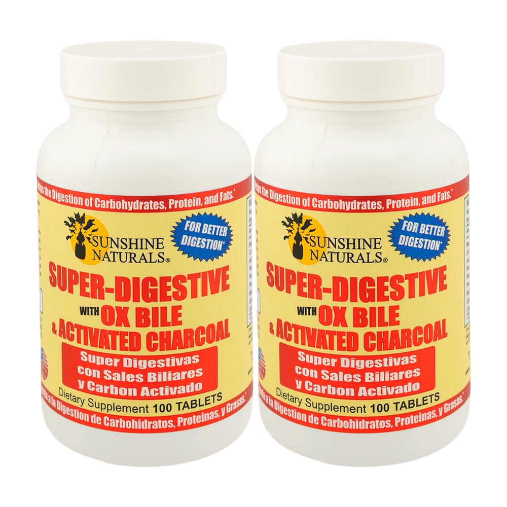 Sunshine Naturals Super Digestive Supliment. Ox Bile & Charcoal activat pentru suport digestiv, ajutor la înălbire, gută curată, absorbție nutrient, și Wellness generală. 100 comprimate. Cutie cu 2 flacoane