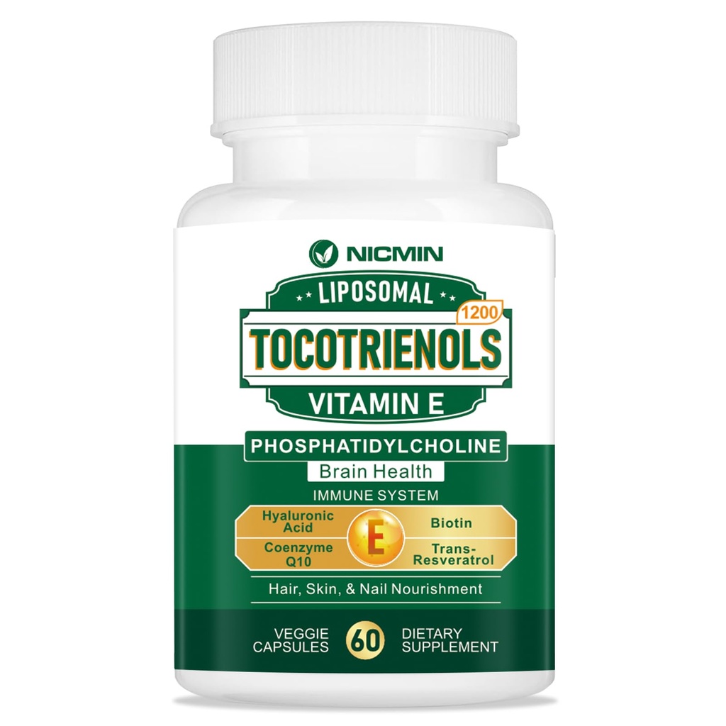 1200MG Vitamina E Tocotrienols Tocotrienol lipozomal Supliment cu fosfatidilcolină, 95% Delta-tocotrienol și 5% Gamma-tocotrienol, Absorbție ridicată pentru inimă, funcția cerebrală 60 capsule