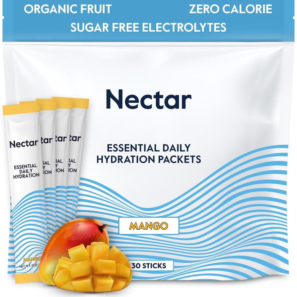 Pachete de hidratare nectar - Pachete cu praf de electroliză - Fără zahăr & 0 Calorie - Lichid organic cu fructe Daily IV Electroliti Pulbere pentru rehidratare și rehidratare rapidă (Mango 30 Pack)