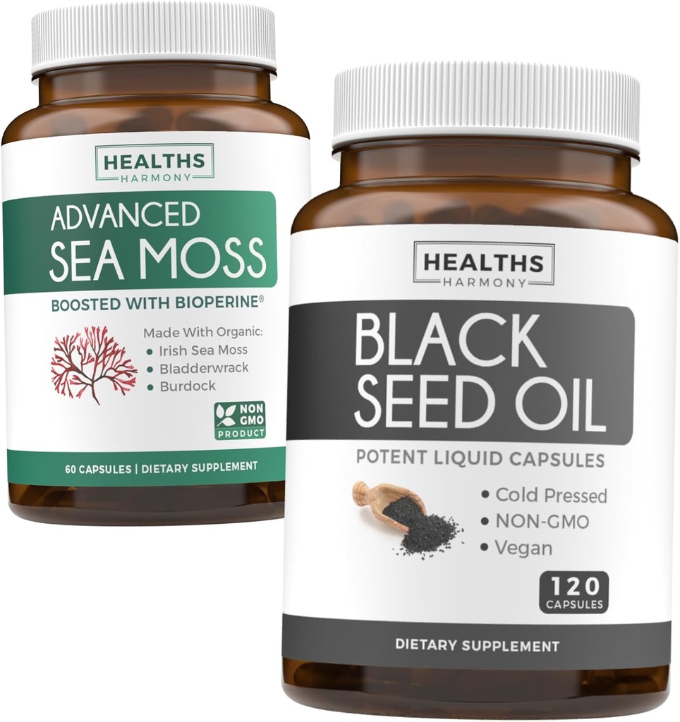Black Seed & Sea Moss (1-Month Supply) Nourishing Nature Bundle of Black Seed Oil 120 Softgel Capsule (Non-GMO & Vegan) Cold-Pressed Nigella Sativa & Irish Sea Moss Capsules (Non-GMO & Organic)