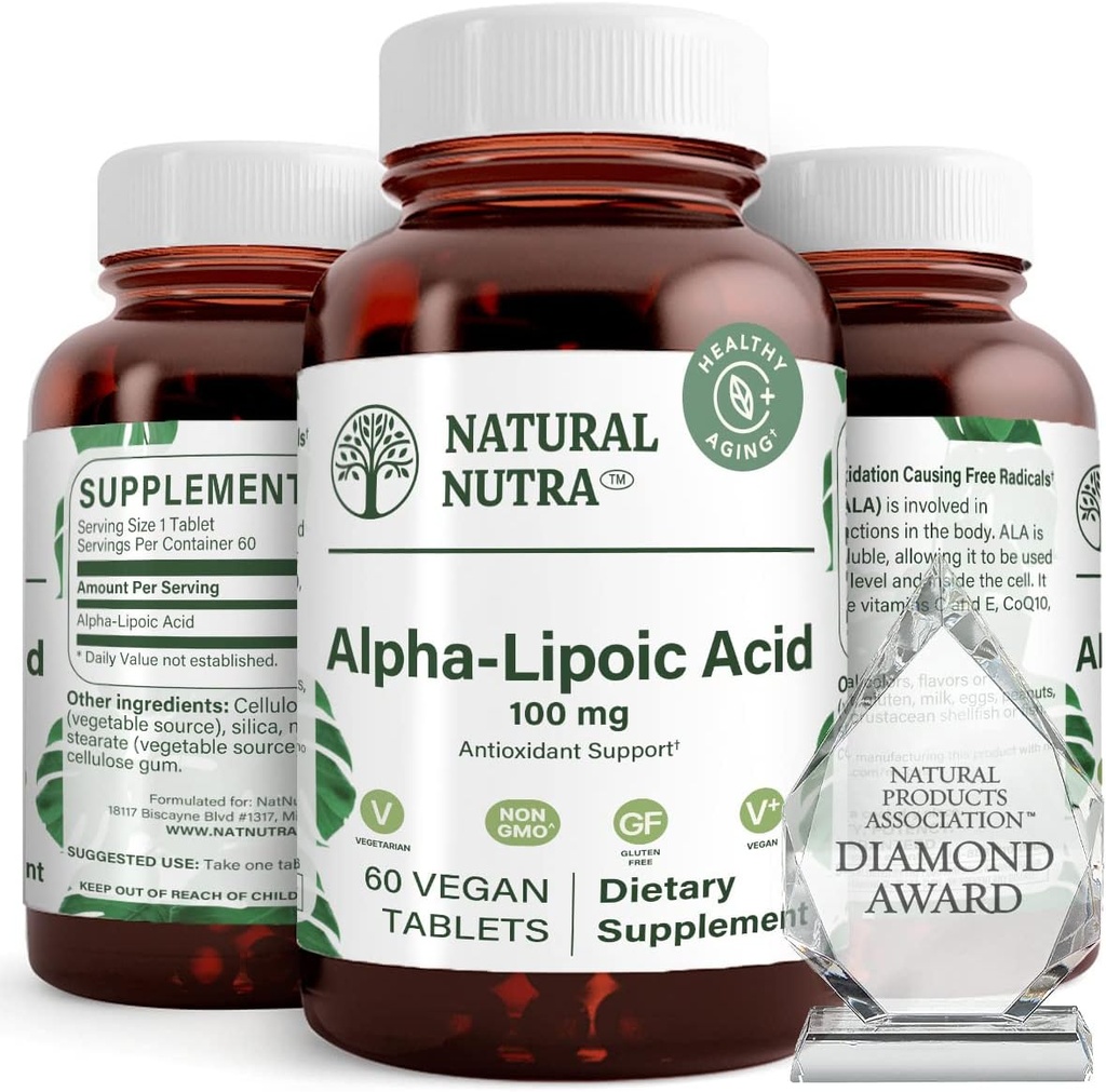 Natural Nutra R-Alpha Acid lipoic, Îmbunătățește sănătatea osoasă și cardiacă, Îmbunătățește funcția de memorie, Îmbunătățește funcția nervoasă contribuie la sănătatea generală, Gluten Free 100 mg, 60 Vegan și Vegetarian Tablets.
