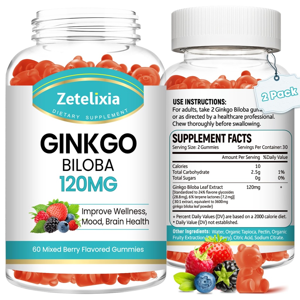 2 Pack Ginkgo Biloba Gummies pentru femei și bărbați, Suplimentul creier Îmbunătățește mai bine starea de spirit și focus, Vegan mixt aroma Berry 120 Conte