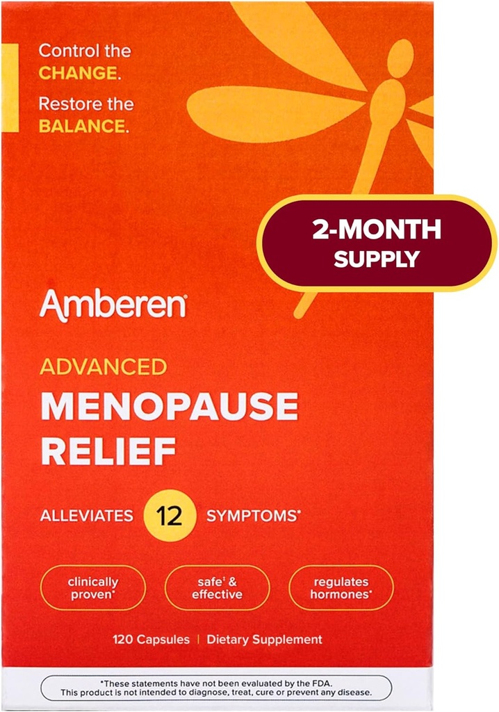 Amberen Menopause Supliment pentru femei, 120 capsule, dovedit clinic, ajută la susținerea echilibrului hormonal, ajută la eliminarea 12 Menopauza Simptome: Flash-uri fierbinți, transpirații de noapte, Swings și mai mult