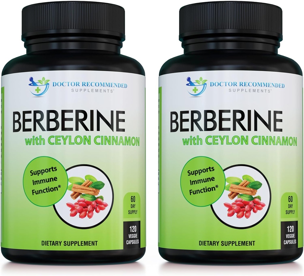 Berberină cu scorțișoară Ceylon - 1200 mg Berberine & 100 mg Scorțișoară organică de ceylon - 120 Capsule vegetale, Sistem imunitar sănătos Inimă cardiovasculară și wellness gastro-intestinal (Pachetul de 2)