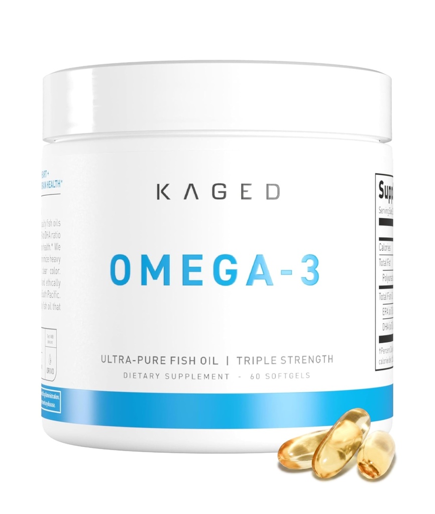 Kaged Omega 3 Suplimentul de ulei de pește, 3000mg Omega 3 Acid gras cu EPA & DHA, Ultra-Pure, Fără Burps de pește, 60 pastile
